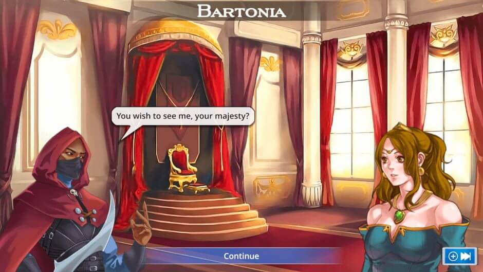 The shows the typical narrative screen in Puzzle Quest: The Legend Returns, with the player character to the left, setting named at the top, and the NPC to the right.