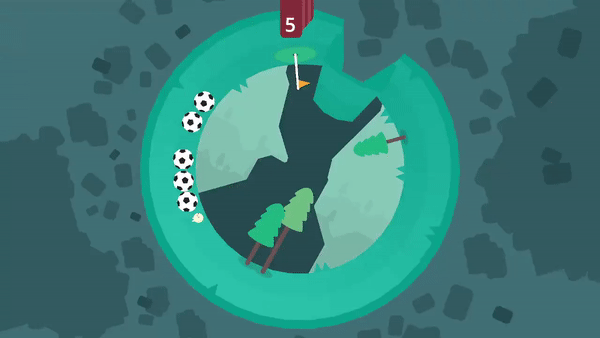 WHAT THE GOLF? - A GIF of the golfball character kicking soccer balls into a flag while the world spins around changing the direction