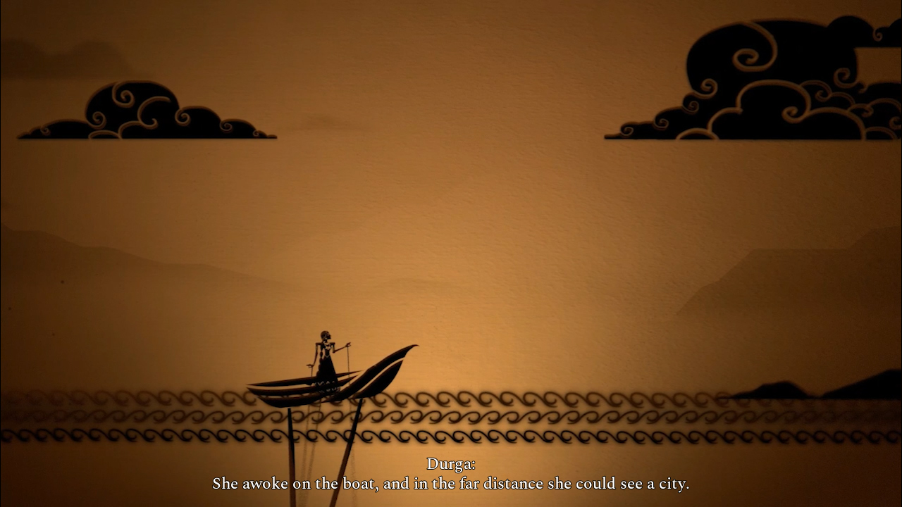 Durga narrates Raji's adventures over an image of a shadow puppet cutscene, wherein Raji stands in a boat floating in water.