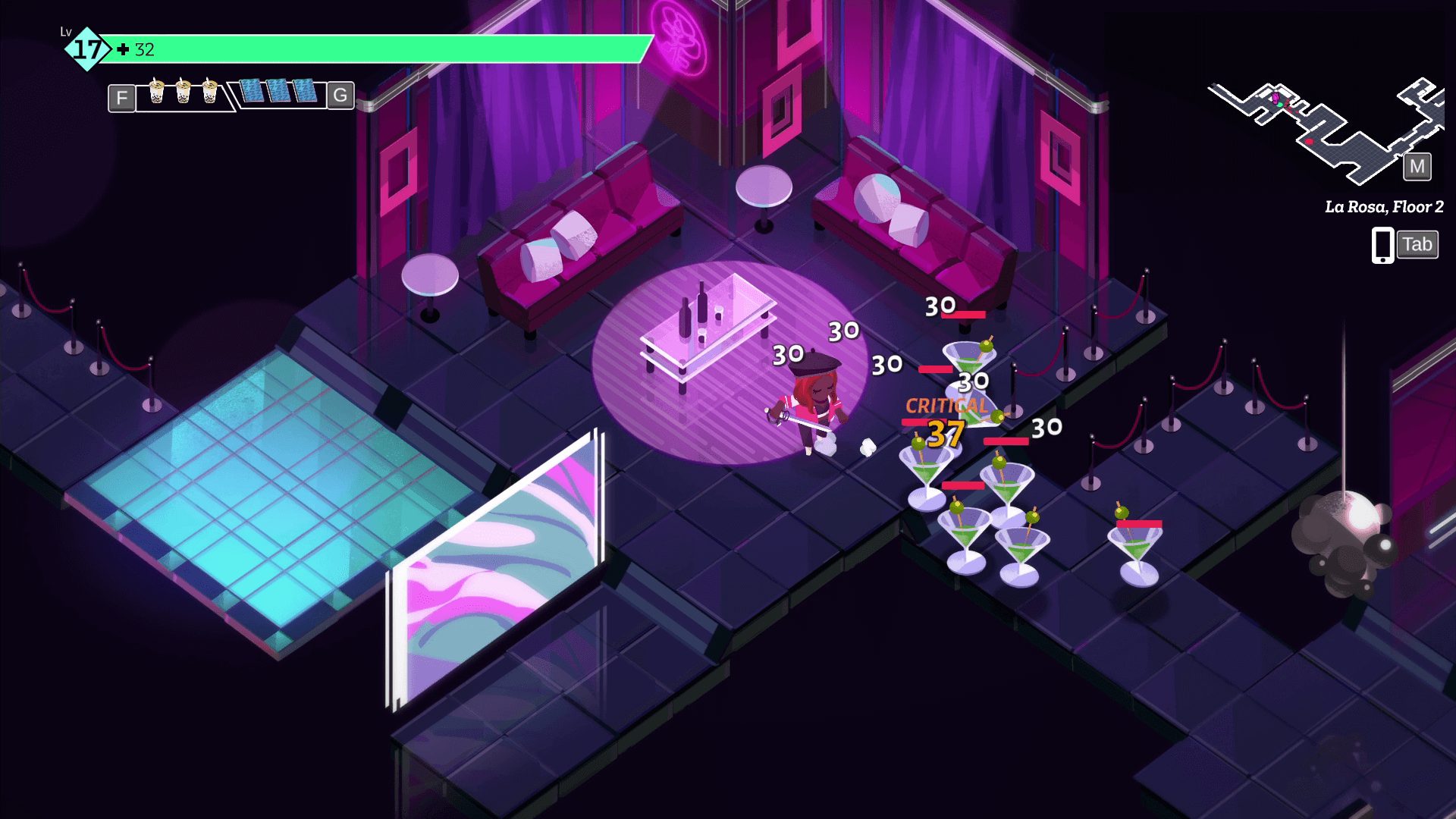 A nightclub filled with sentient martinis being attacked by a person with a weapon.
