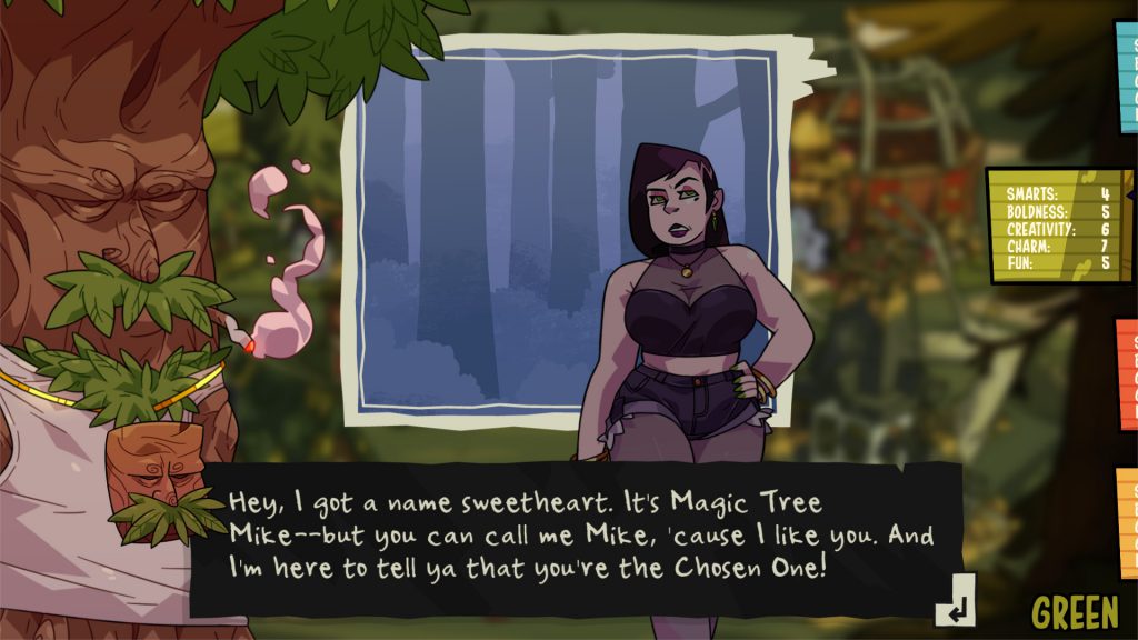Monster Prom - One of characters, Joy, is talking to a talking tree called Mike