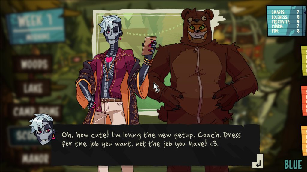 Monster Prom - Milo, a young non-binary grim reaper is complimenting the tiger coach's new bear costume