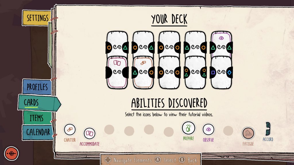 A screenshot of your card deck and abilities discovered in Signs of the Sojourner