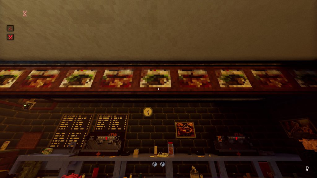 Looking up at the menu of a diner, all items shown as pixelated messes