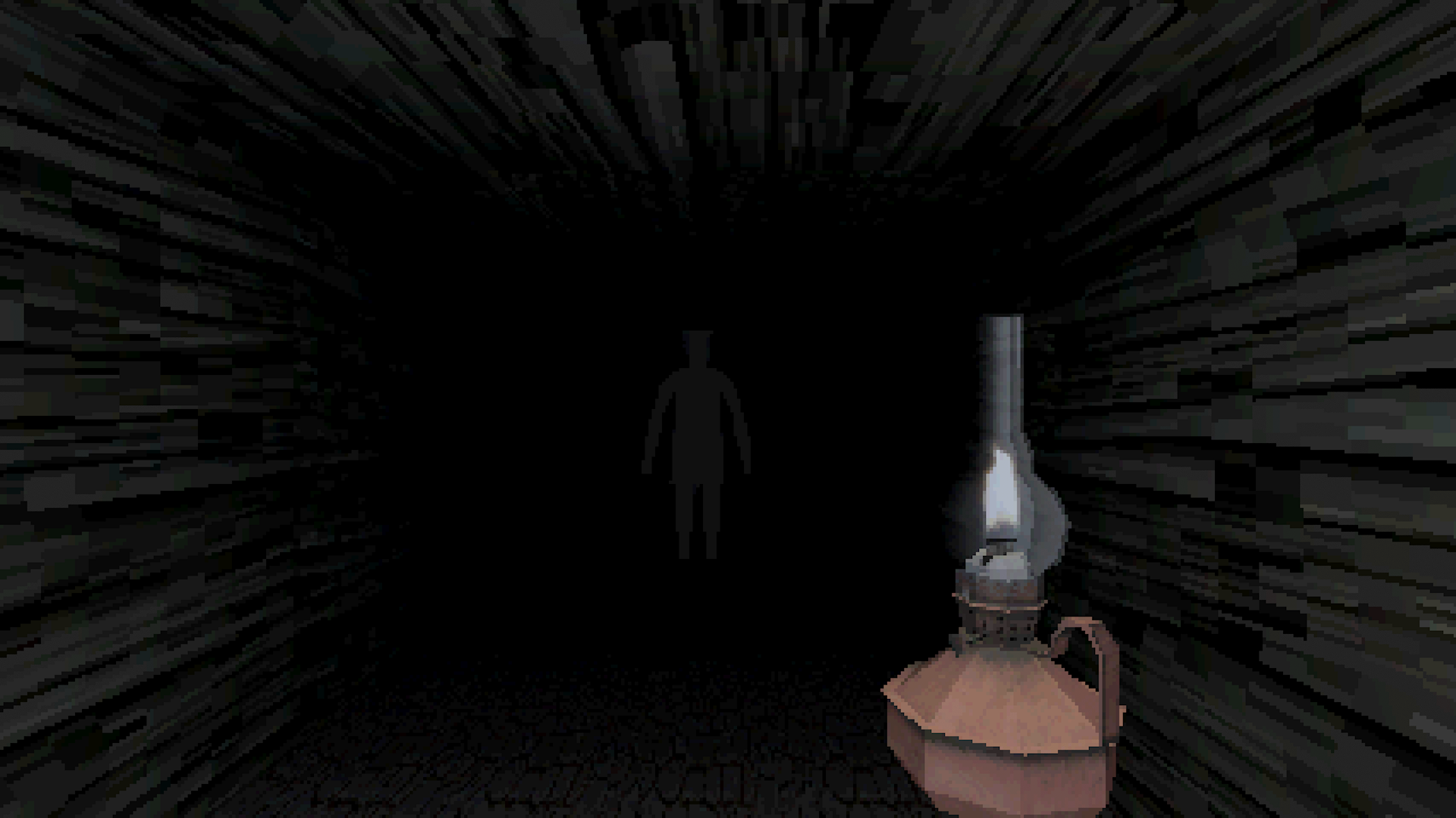 A dark stone corridor is illuminated by a small oil lamp held by the player character. There is a ghostly figure at the end of the corridor.