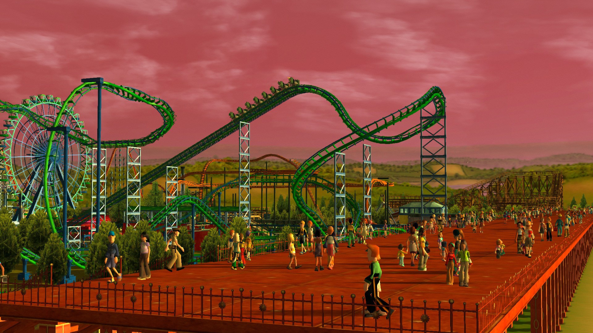 Rollercoaster Tycoon 3 Complete Green Rollercoaster against a red sky 