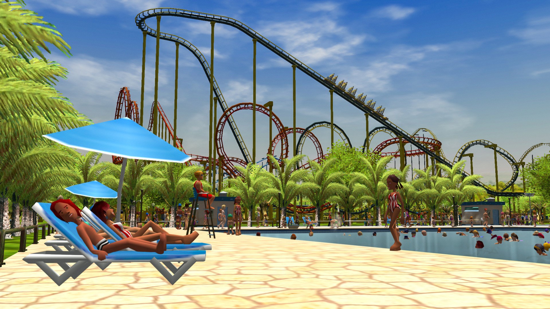 Rollercoaster Tycoon 3, a rollercoaster in the background while sunbathers rest in the foreground
