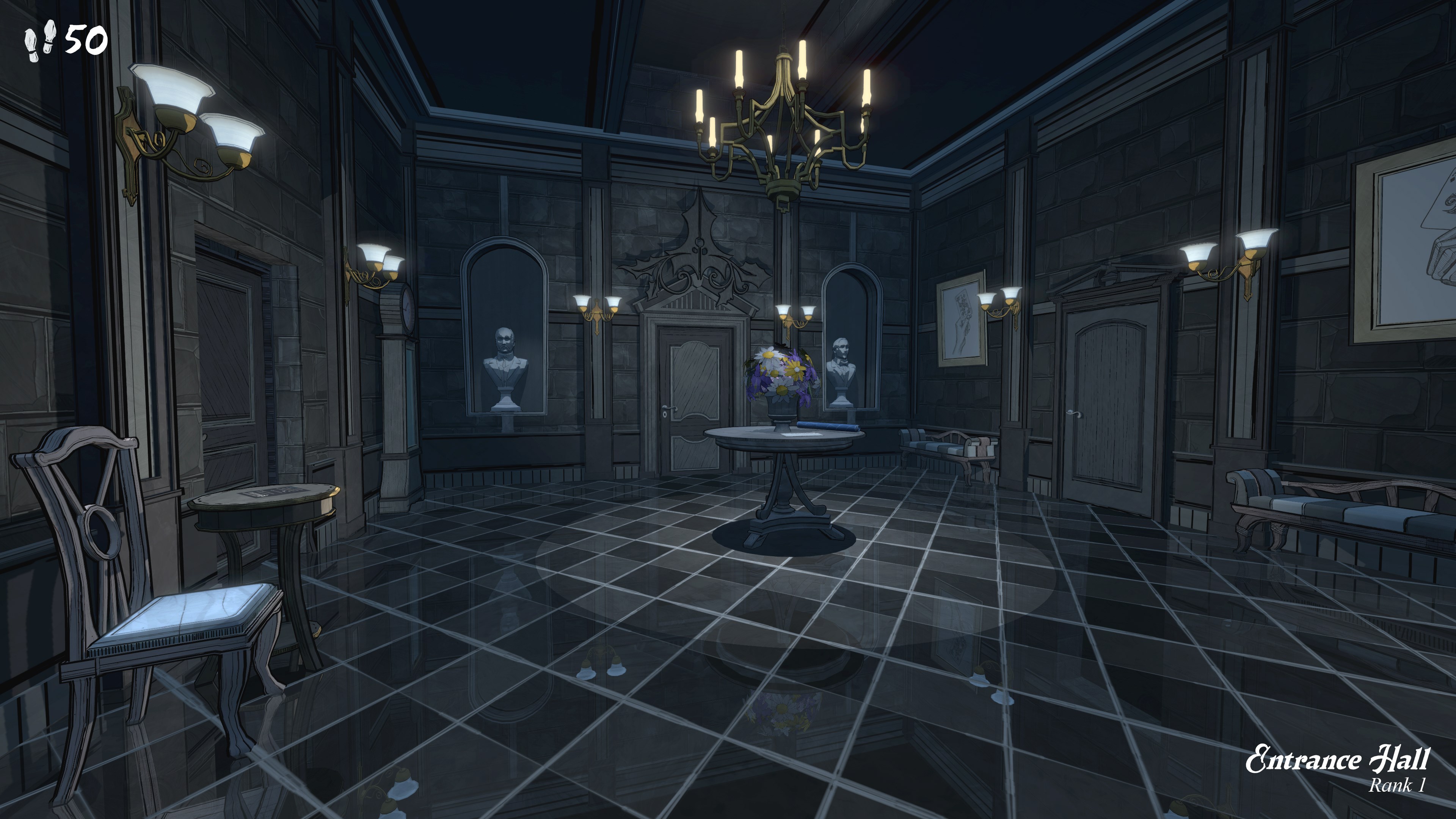 Blue Prince, the entrance room, the player has 50 moves left.