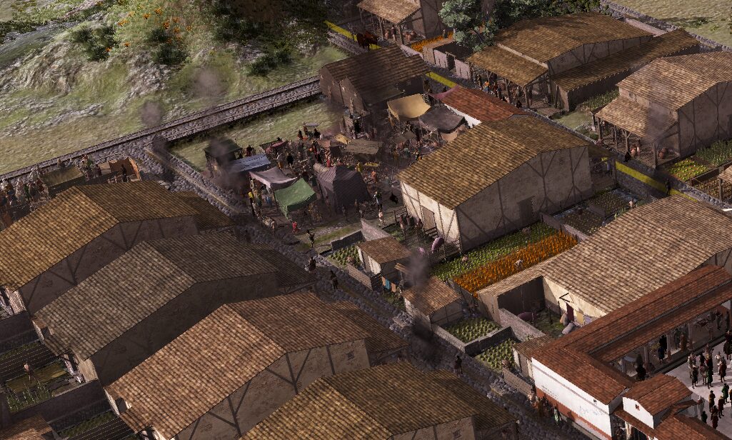 Pax Augusta, chimneys burning as products are crafted through a city.