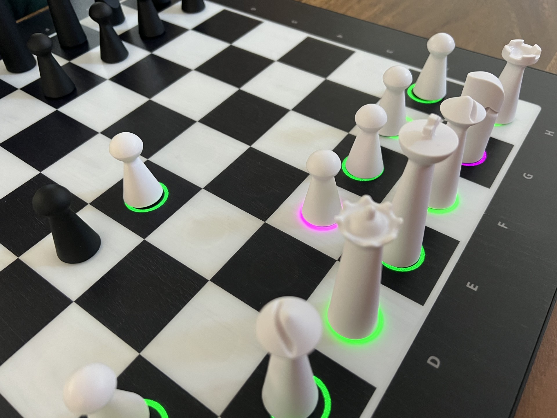 GoChess Lite Modern in use, lights under pieces to show legal moves