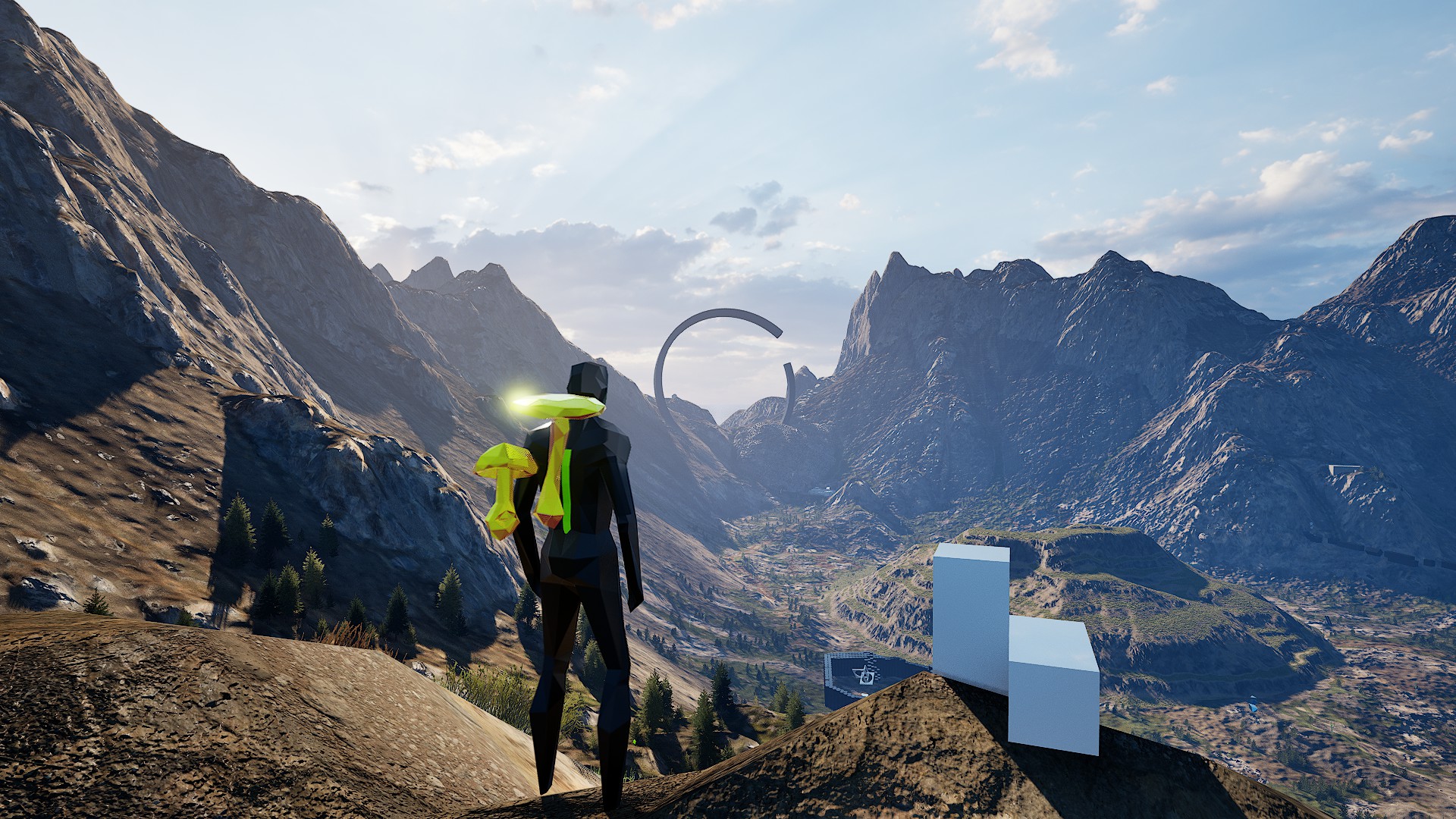 Standing next to a Tetra atop a mountain in The Valley Beyond, a large circular structure in the distance