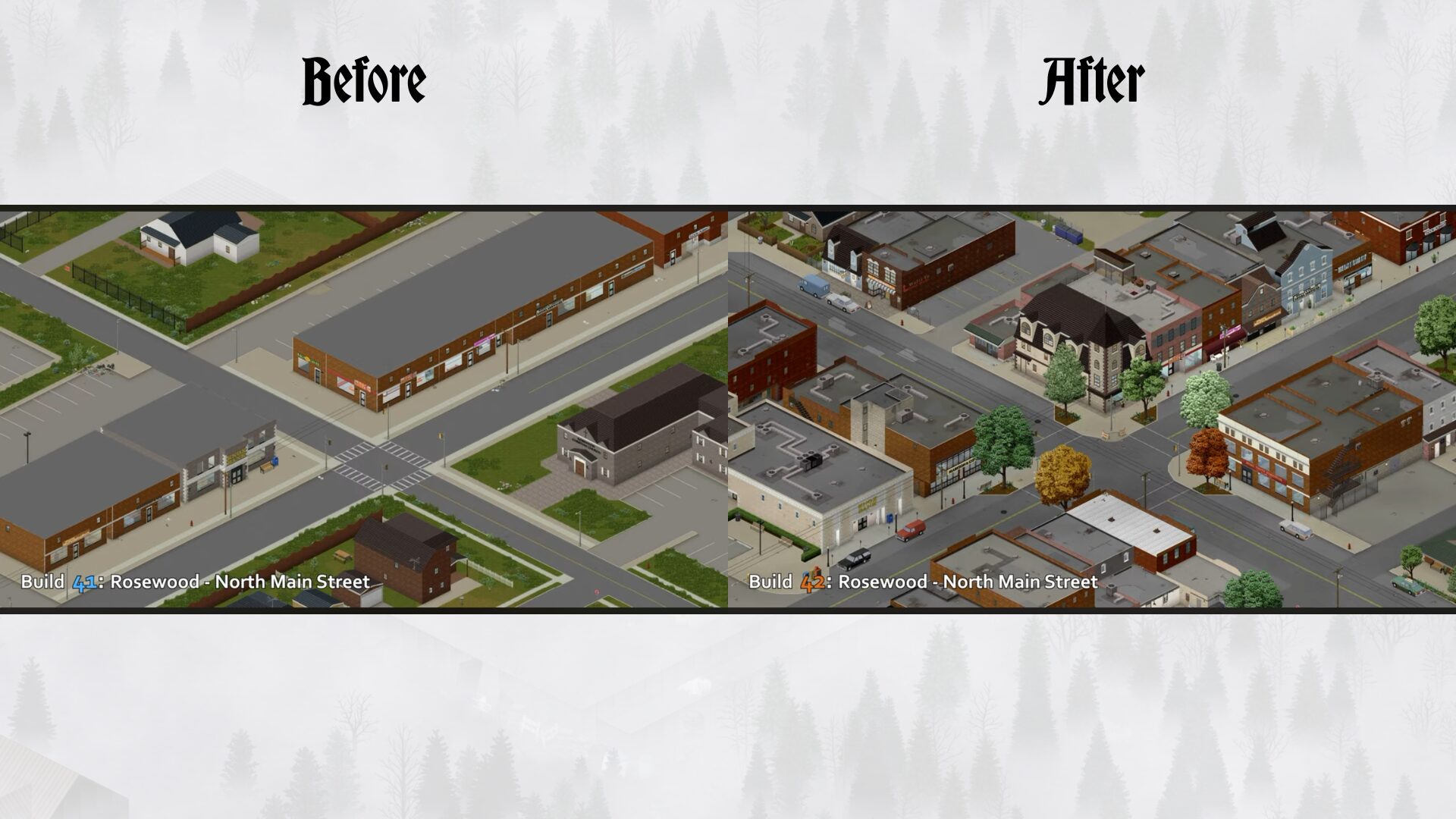 Two versions of Rosewood North Main Street are shown with the recent version featuring taller buildings with more varied colour palettes and architectural details
