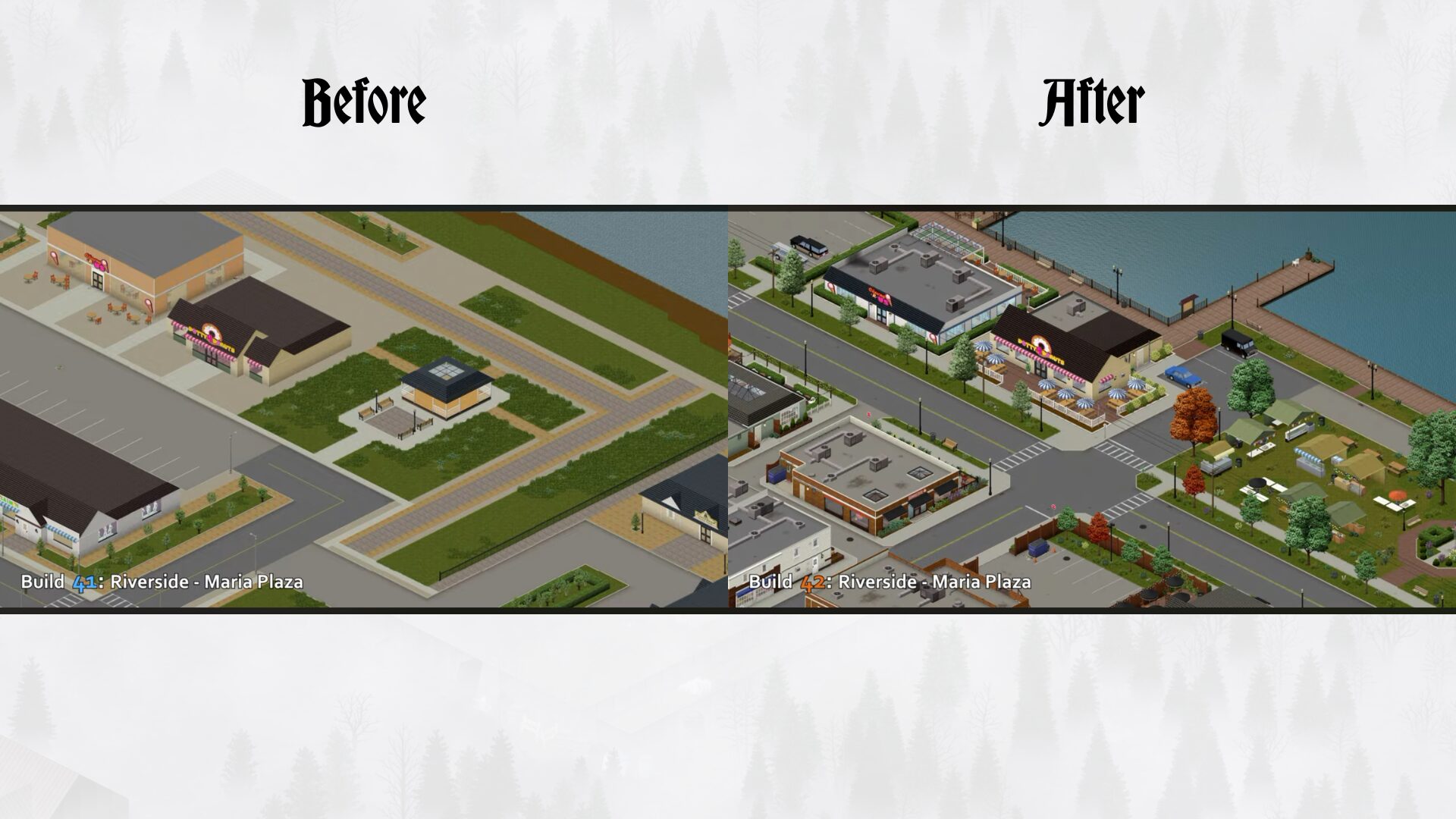Two versions of Riverside Maria Plaza are shown with the recent version featuring taller buildings with more varied colour palettes and architectural details