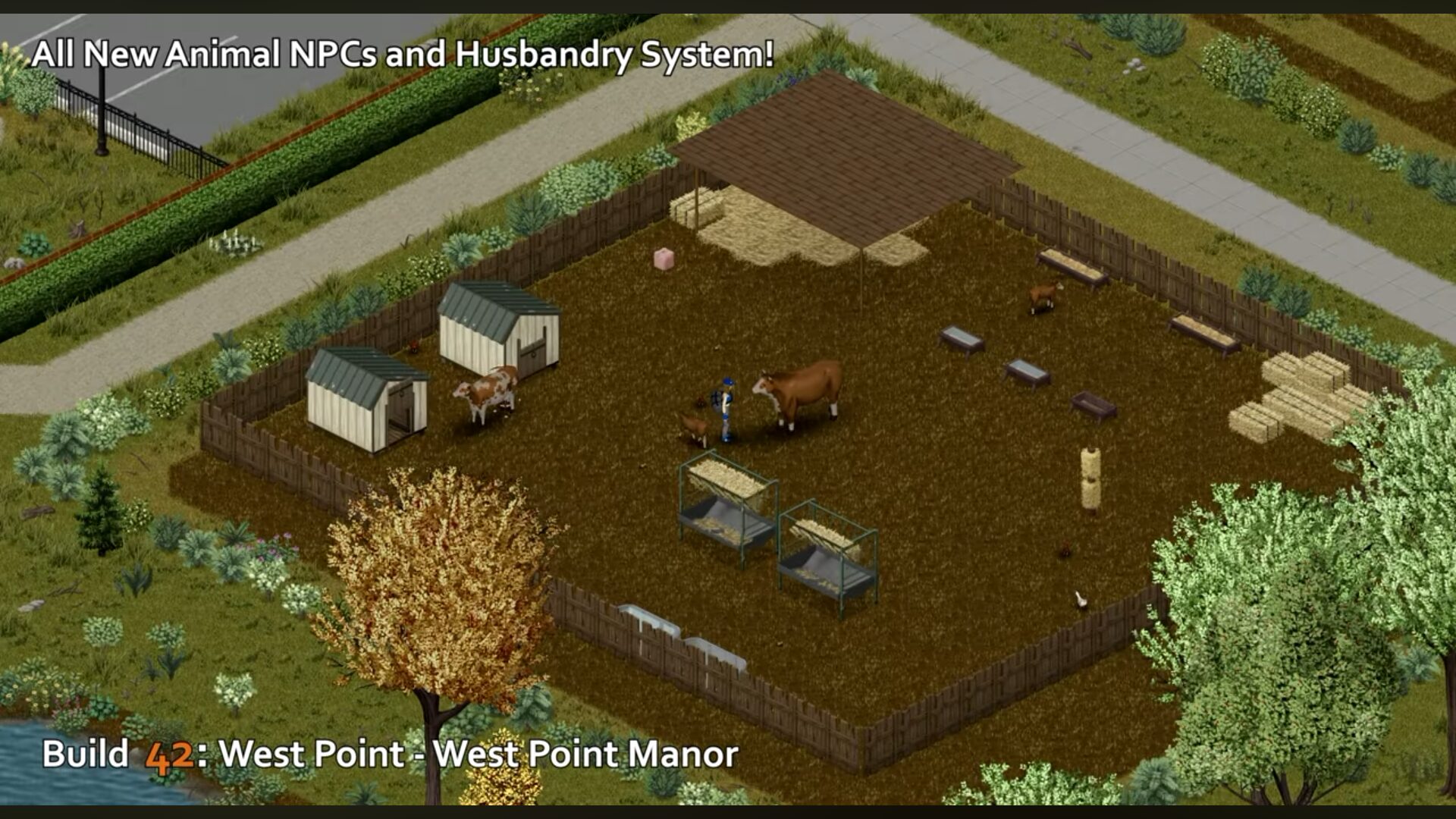 A screenshot shows a player interacting with a brown cow in a dedicated field with barn, hay and chicken coops
