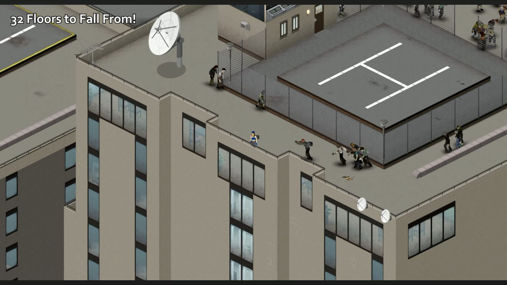 A player stands at the edge of a building roof at 32 floors with zombies pressuring them to make a fatal decision