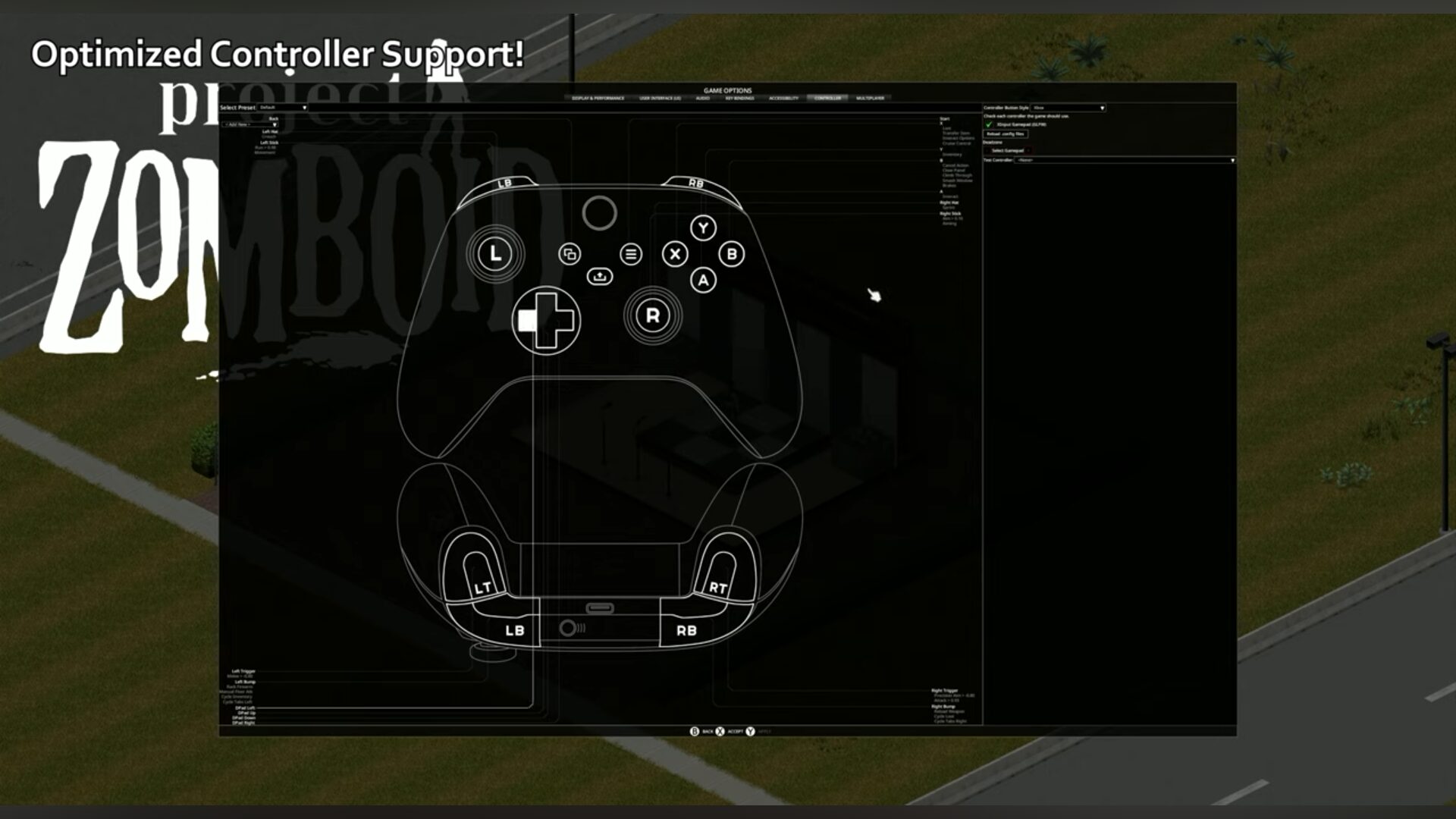 An in-game menu shows the controller being used and specifically identifies which button is which input