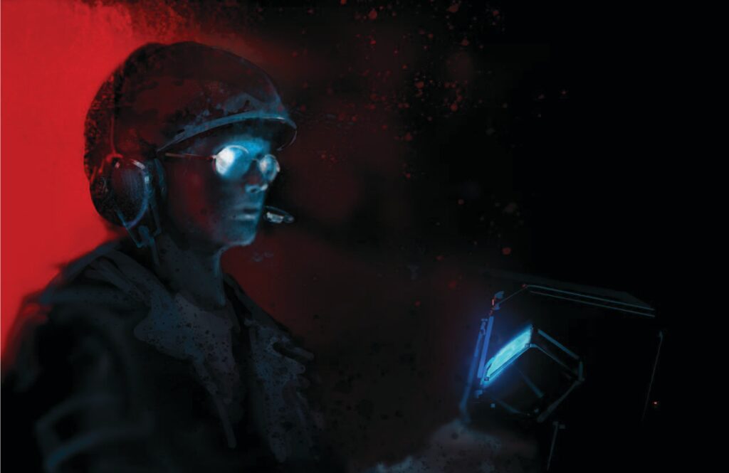A woman in a flight helmet, cloaked in shadow, looks at the screen of a computer device. The background is dark with a splash of red light behind her.