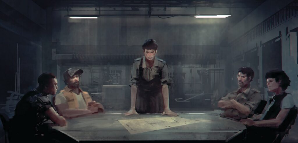 A painter-style image of a group of rough-looking individuals sat around a table, one is standing and they are considering a blueprint or map of some kind.