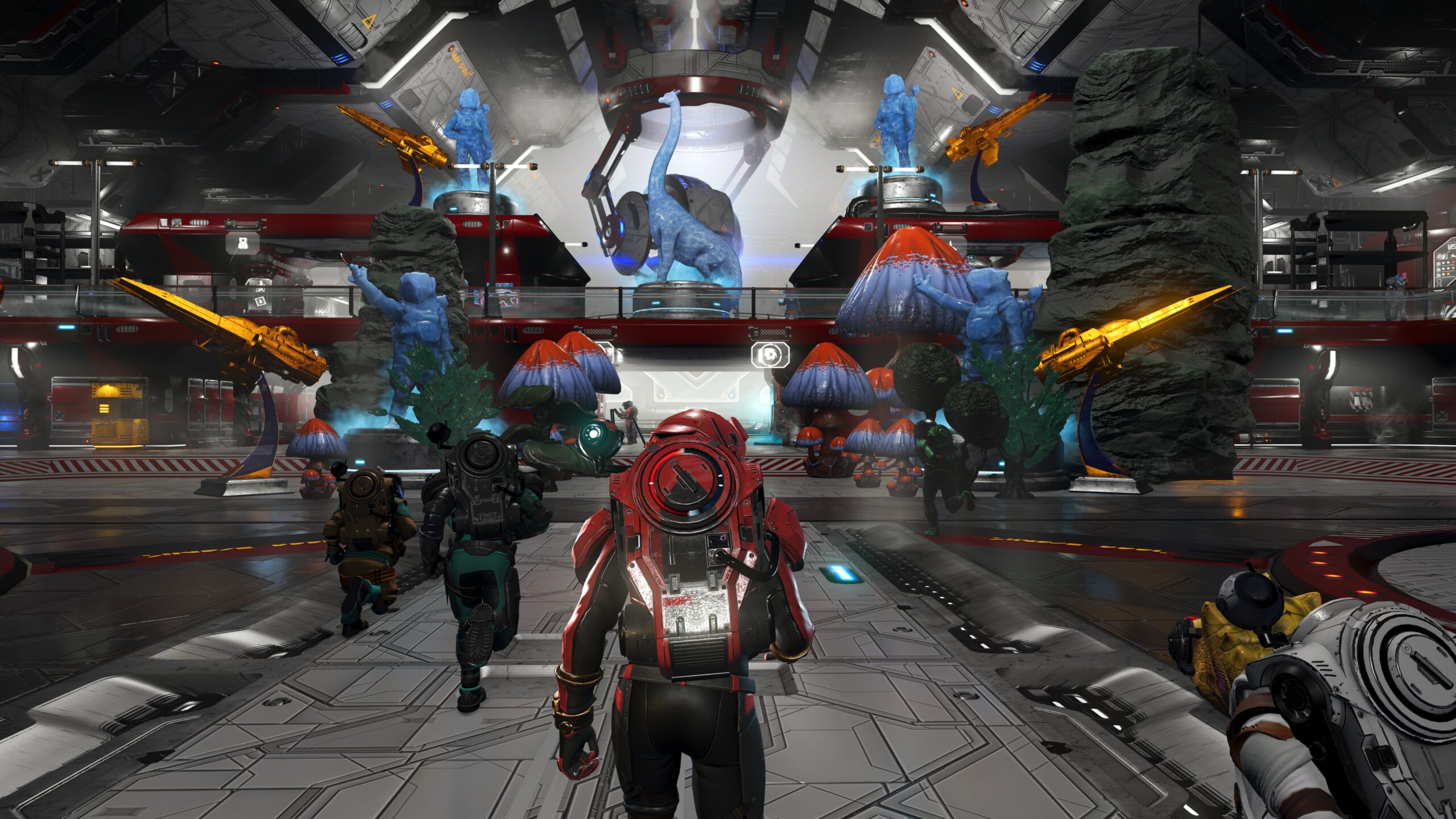 A group of 4 players walk into a customised space station displaying holograms of various discovered fauna and flora