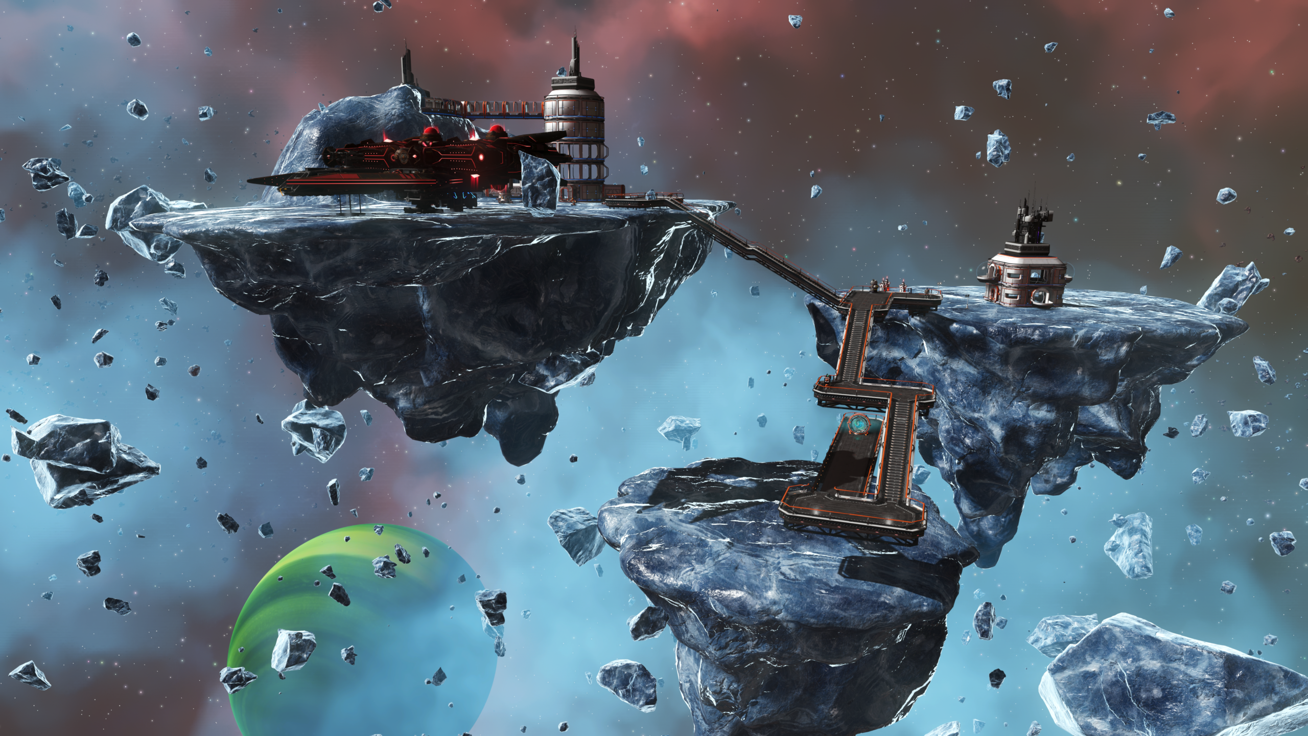 A space outpost is built across multiple asteroids in space