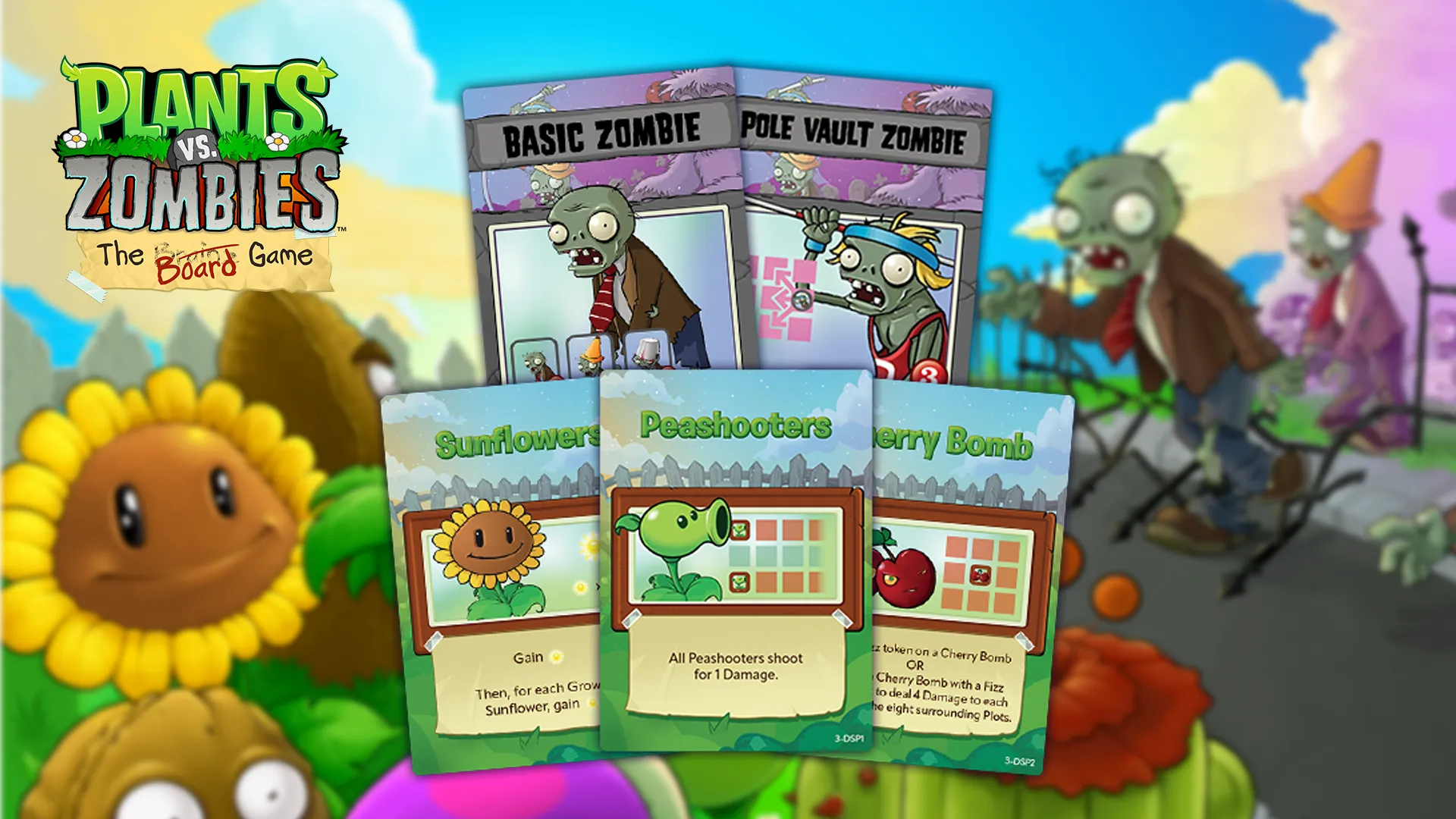 Cards from the Plants vs Zombies board game show Peashooters, sunflowers and cherry bombs as well as basic and pole vault zombies