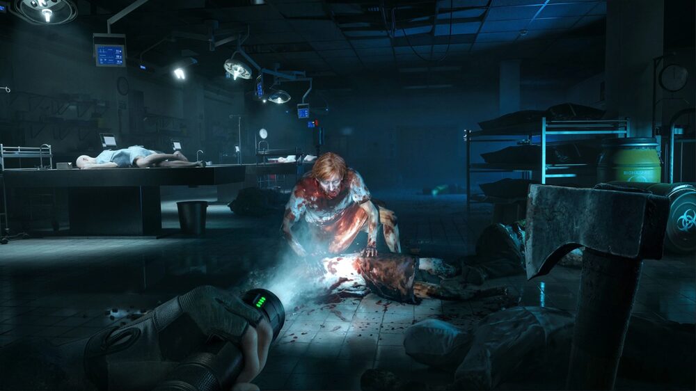 A first-person view inside a modern morgue, showing the PoV character shining a flashlight on a blood-soaked zombie crouched over (and eating) a corpse.