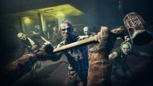 A first-person view outside a modern gas station at night, showing the PoV character pushing away a zombie attempting to attack him, using a sledgehammer.