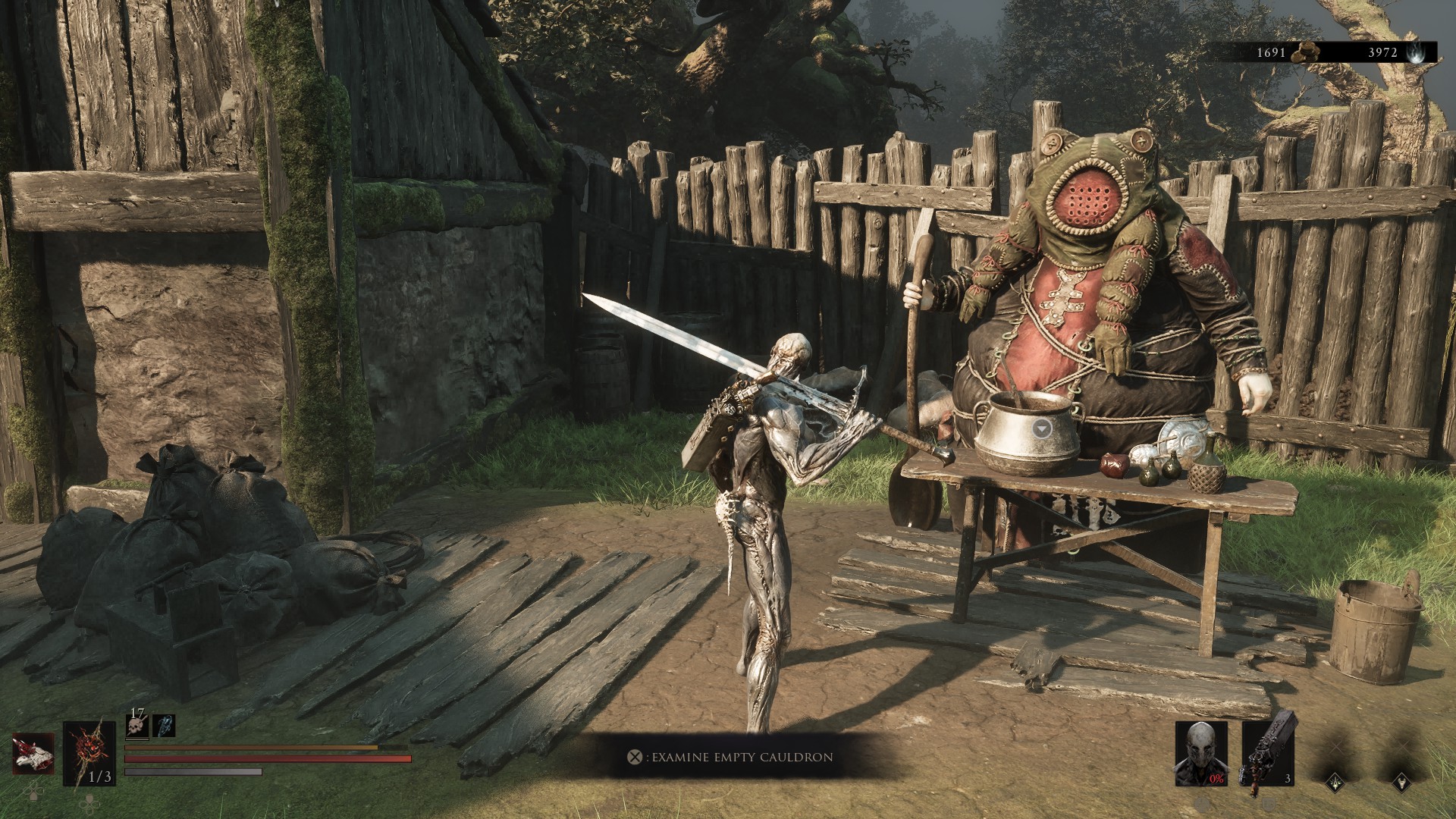 A shell-less character stands before a large witch adn her cooking pot