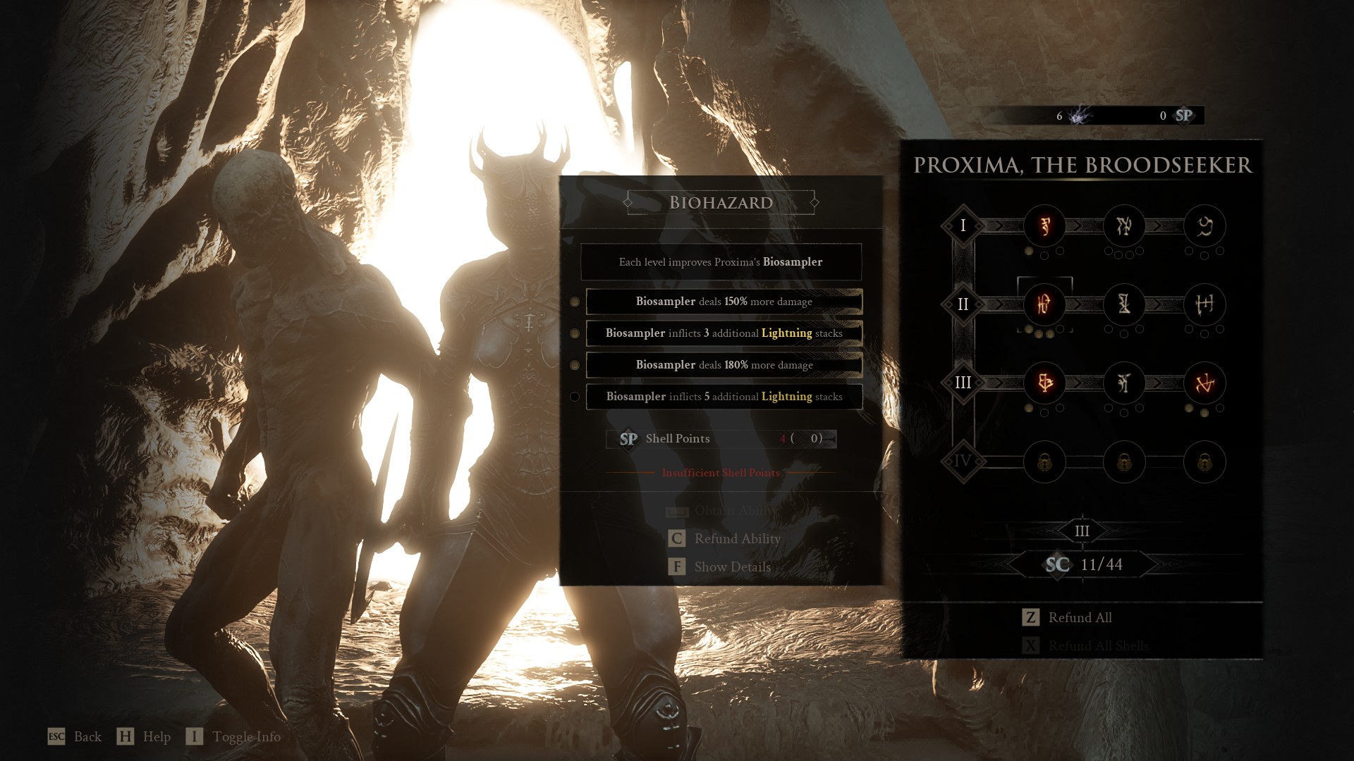 The shell menu shows 12 upgrades each with 3 levels for each shell in the game