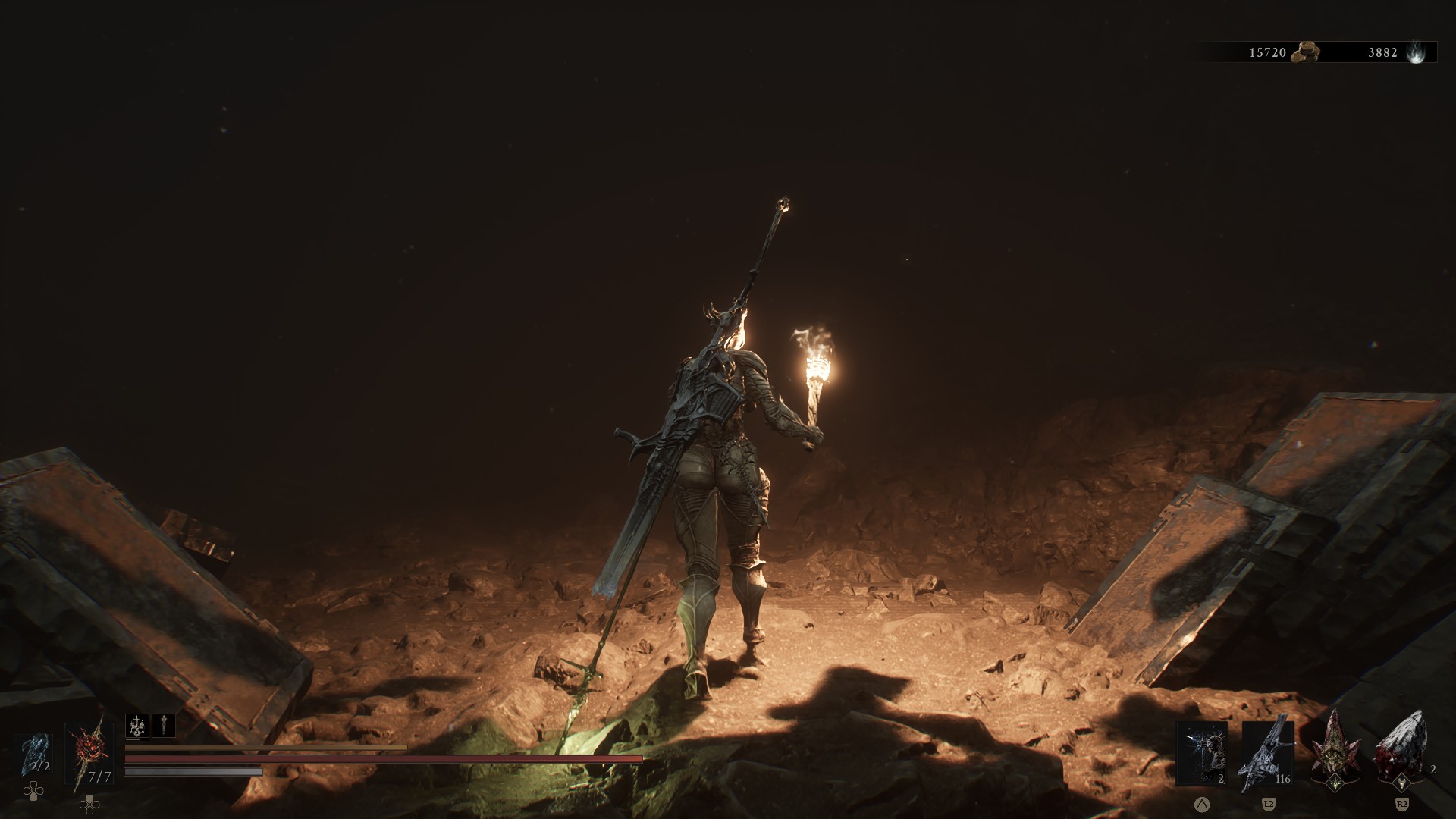 Proxima walks through a dark cave by torchlight with a large Arclight Repeater on her back