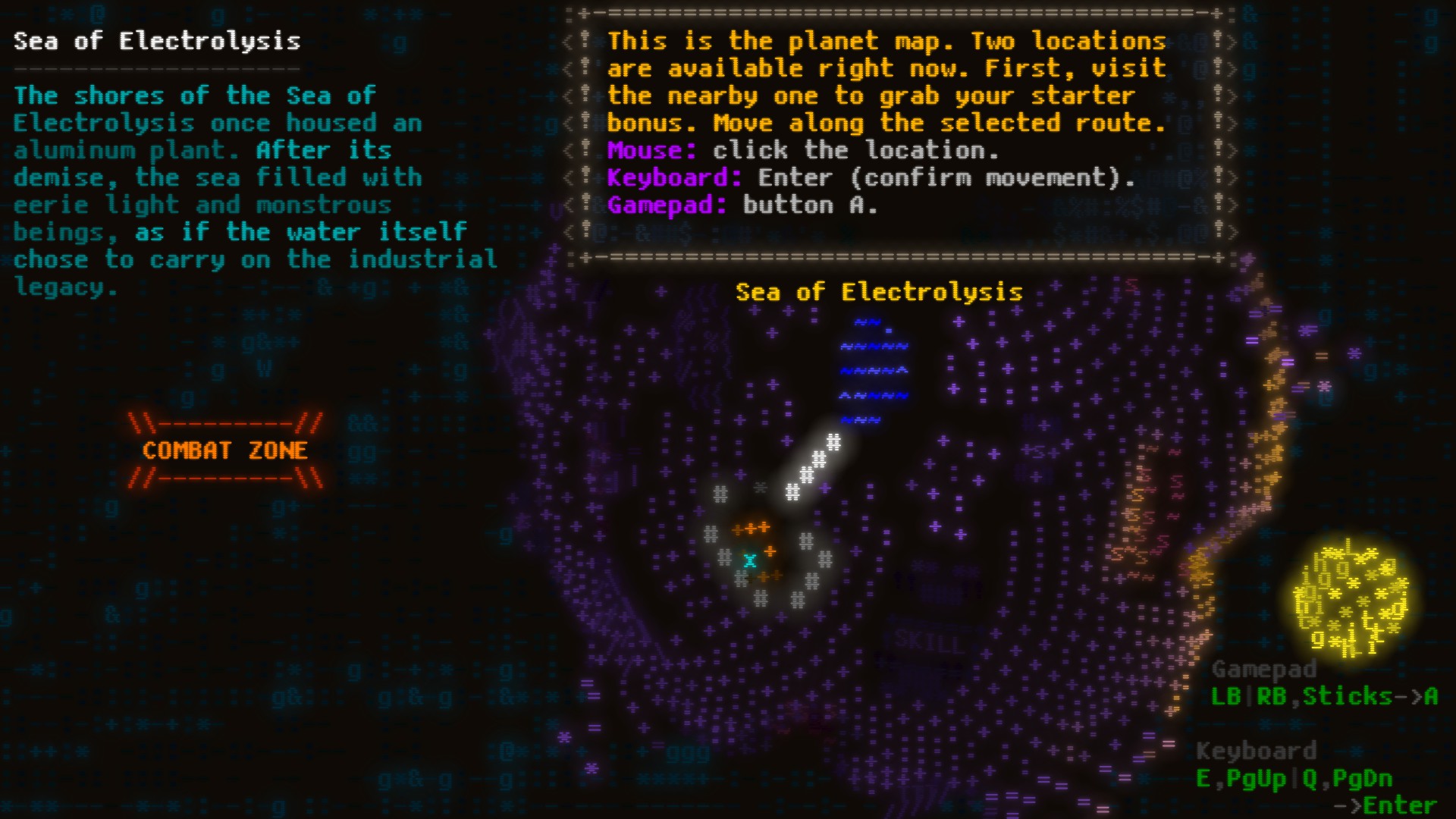 ASCII characters fill the screen but create a sense of 3D depth, showing a planet and area called the Sea of Electrolysis