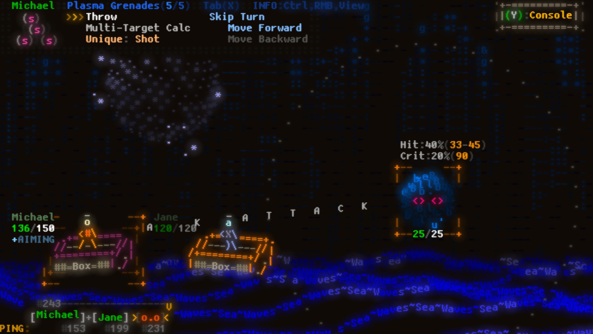 Two characters stand on platforms in a sea made up of the words "sea" and "waves"