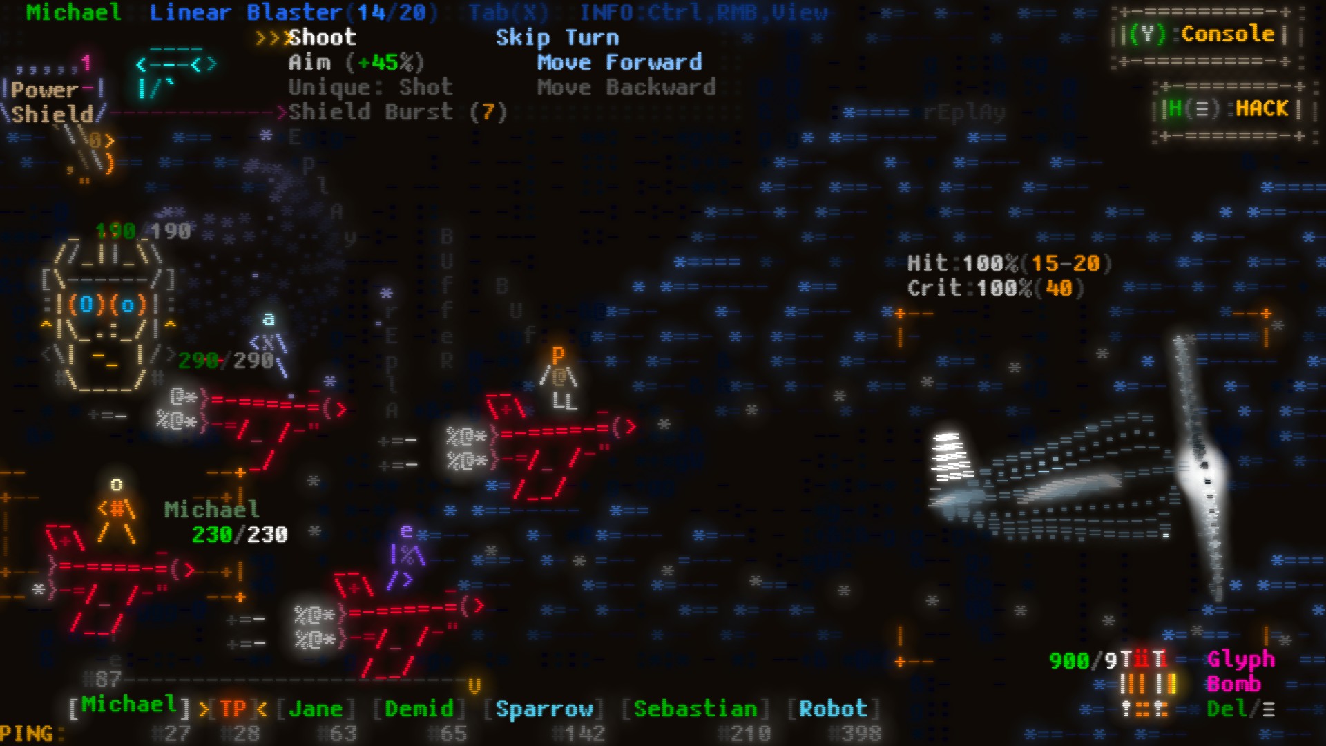 4 characters ride planes made of ASCII symbols in a sky of asterisks