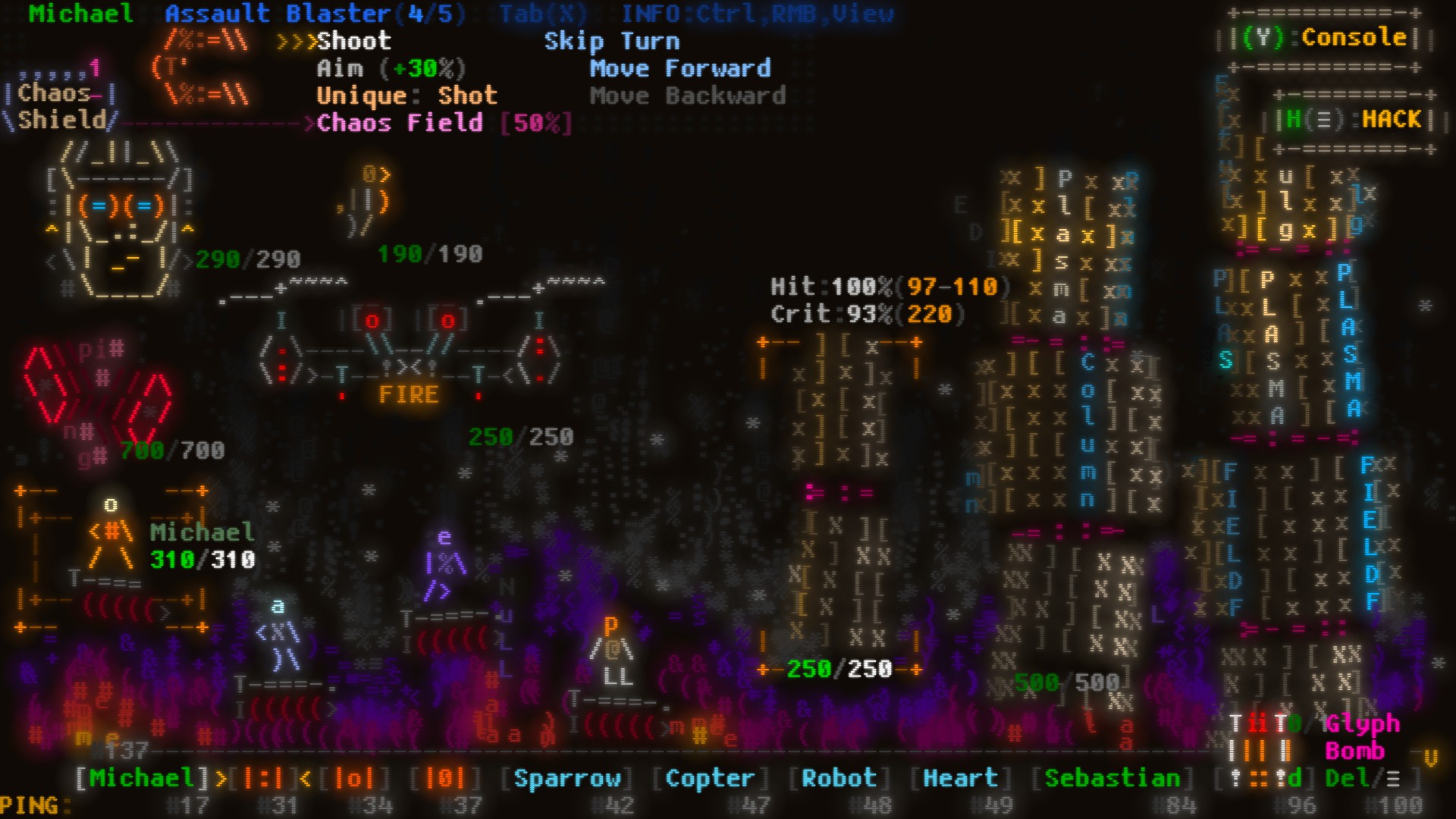 An endgame level features 4 characters, 4 summons and 3 large enemies