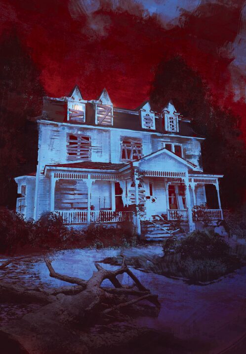 A looming, whitewashed house with a few illuminated windows looks over the point of view.