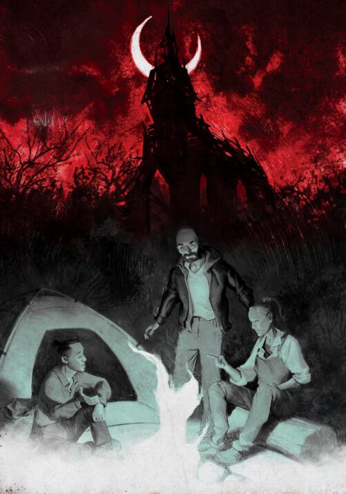 Three people crowd around a campfire. Behind them a towering dark castle looms in front of a blood red sky and sickle moon.