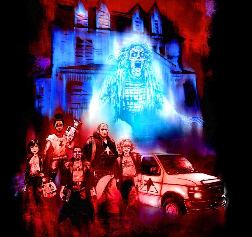 A varied group of individuals, each wearing distinctive brand merch, stand next to a van. Behind them a large white house is illuminated in shadow, while a blueish ghost looms over all.