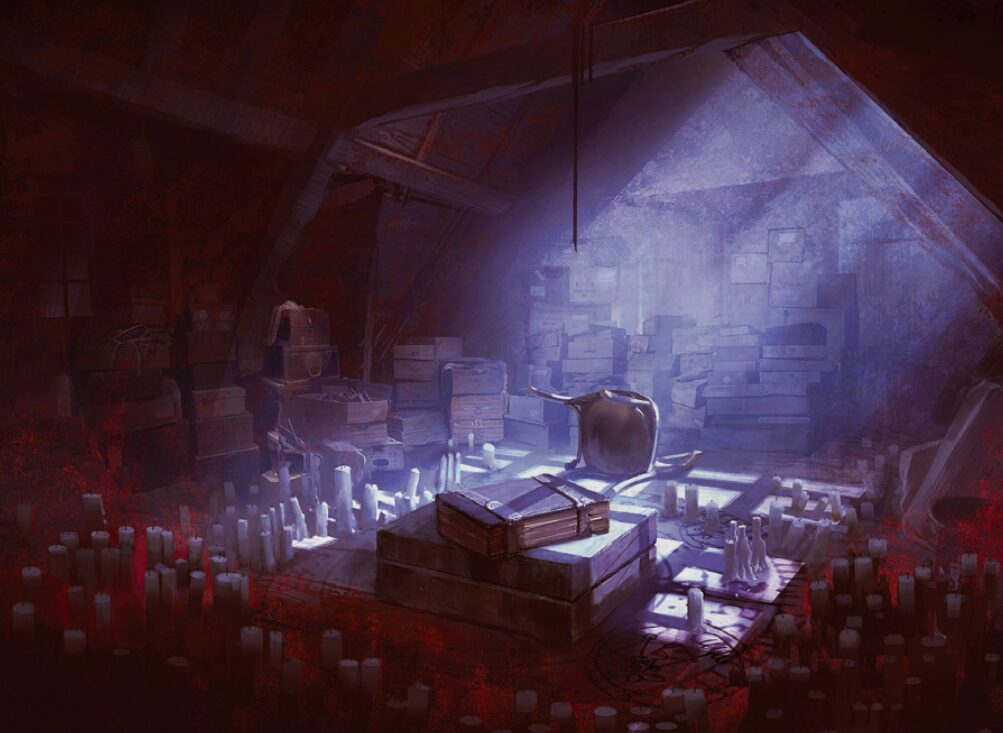 The interior of a dark, dusty attic showing a strange ritual circle on the floorboards and moonlight shining in through the window.